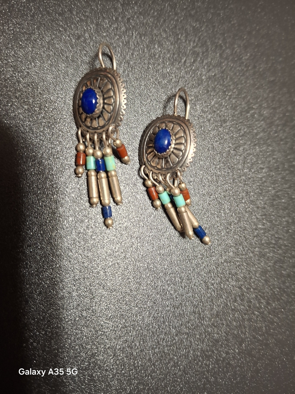 Southwestern Native Boho Sterling Silver Lapis Turq Coral Earrings Signed GT